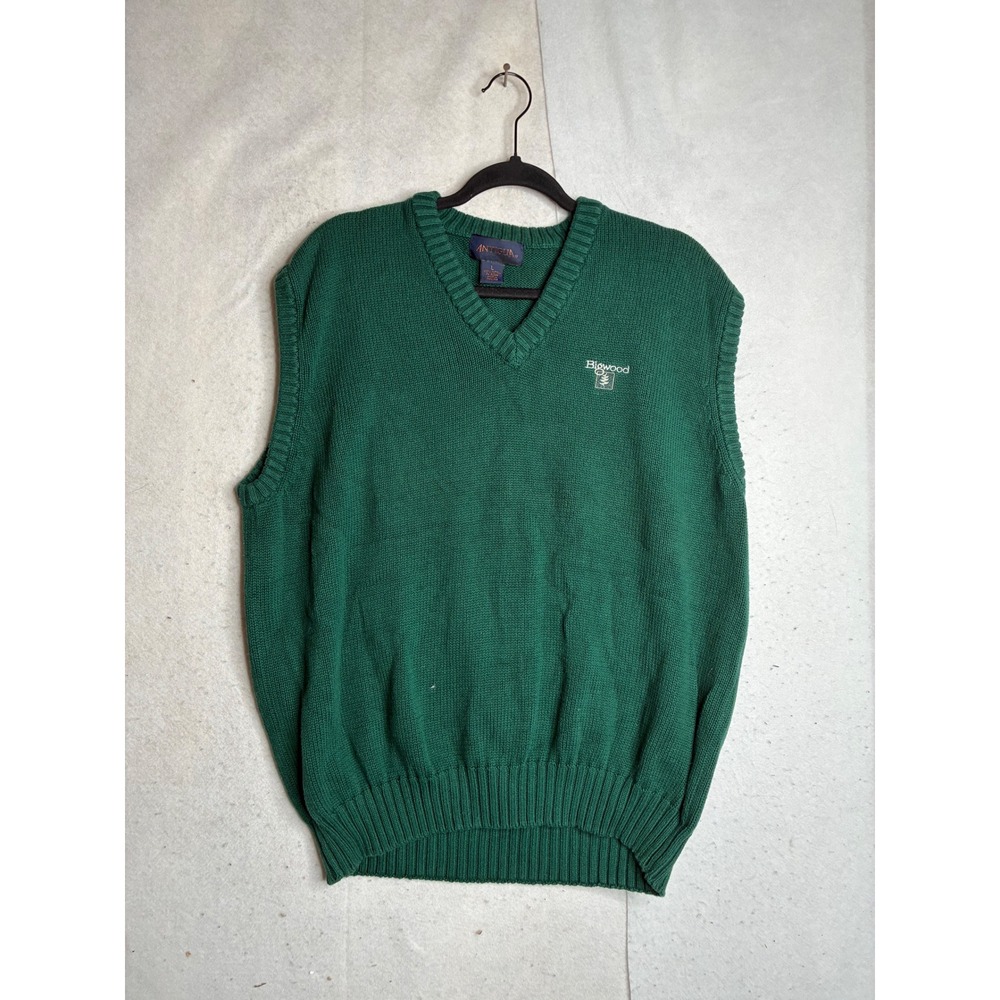 Antigua Mens V-Neck Sweater Vest Green Bigwood Logo 100% Cotton Size L